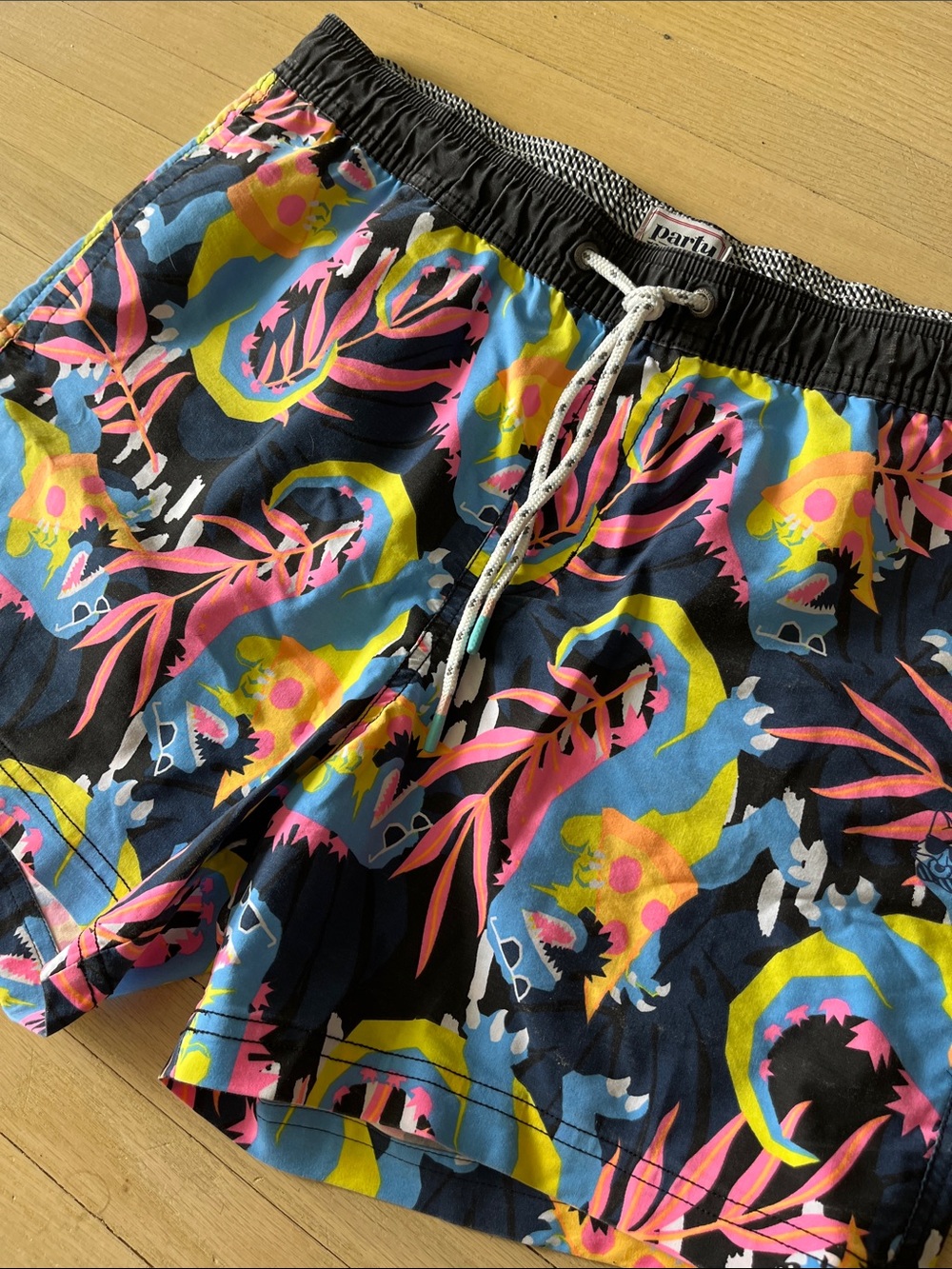 Men’s Black Swim Trunks with Neon Floral & Animal Print